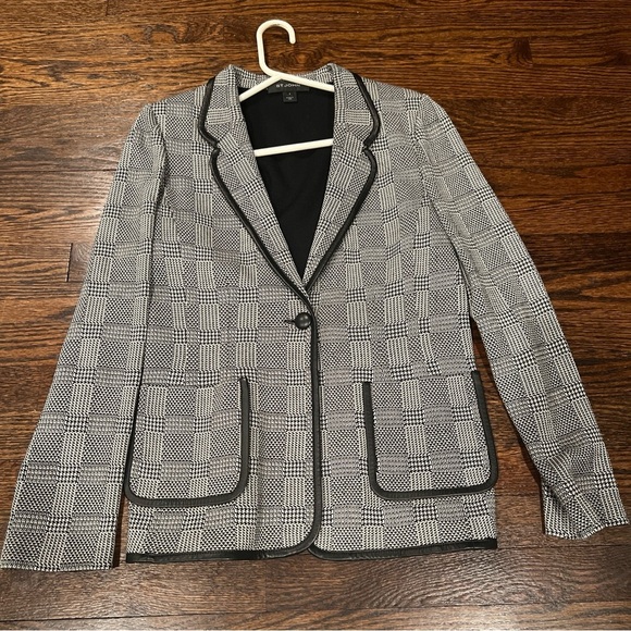 St John Knits Santana Houndstooth Plaid Suit Jacket Blazer Leather 8 - Picture 1 of 6
